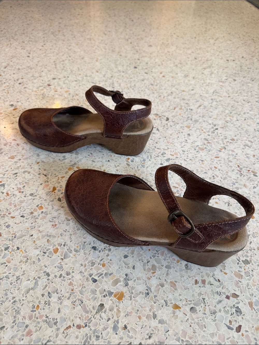 Dansko Brown Leather Floral-Embossed Mary Jane Clogs - Picture 3 of 7